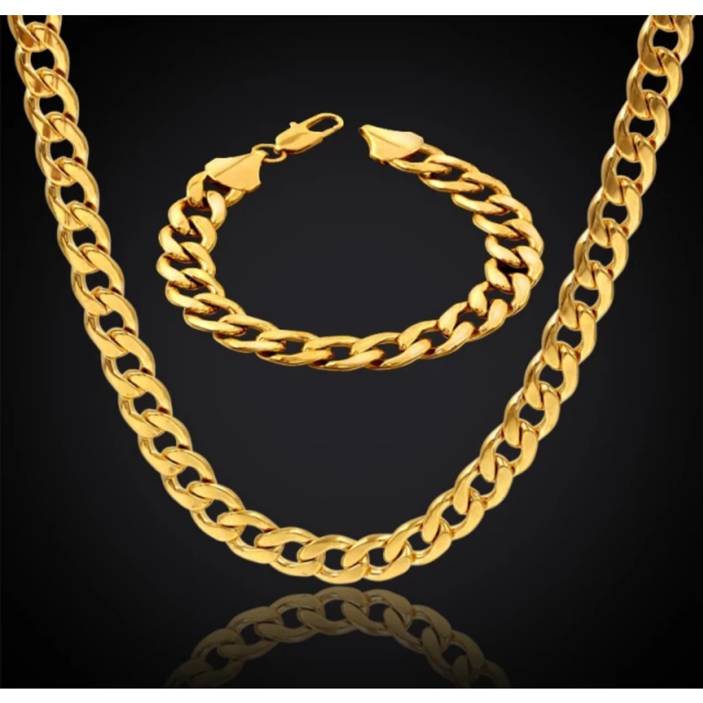 CONJUNTO CORRENTE E PULSEIRA DOURADA EM AÇO INOXIDÁVEL  60cm x 6mm CONJUNTO CORRENTE E PULSEIRA DOUR em Oferta na Shopee