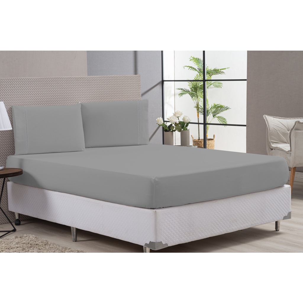 Jogo de Lençol Cama Casal Queen 3 Peças 100% Algodão Percal 200 Fios Cinza