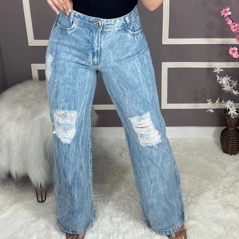 CALÇA JEANS WIDE LEG FEMININA PAMTALONA RASGADA CINTURA ALTA SEM LYCRA (calça forma pequeno)