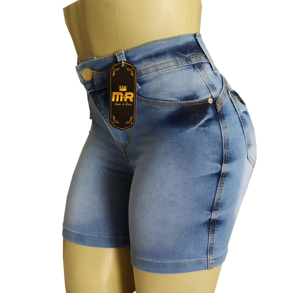 short cintura alta com laço jeans