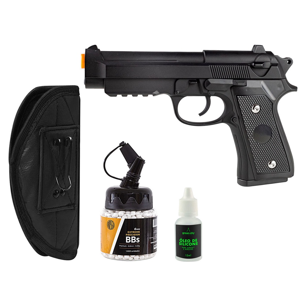 Pistola Airsoft Full Metal Spring Pt92 V22, Coldre Couro Preto, BBs 0