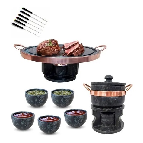 Kit Fondue 32 Pedra Sabão + Fondue 500+ 5 Tigelas + 6 Garfo