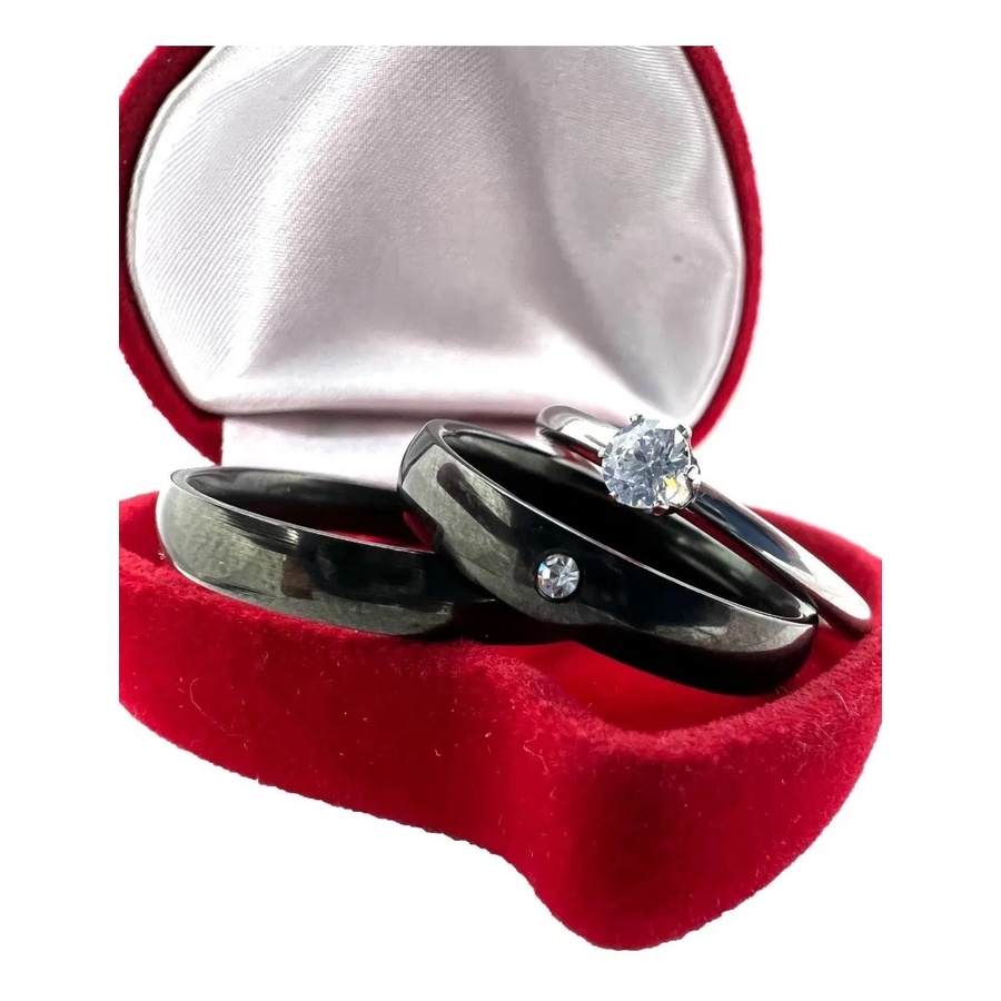 Par Aliança Preta Fina Lisa 4mm com Pedrinha + Anel Solitário 2mm em Oferta na Shopee
