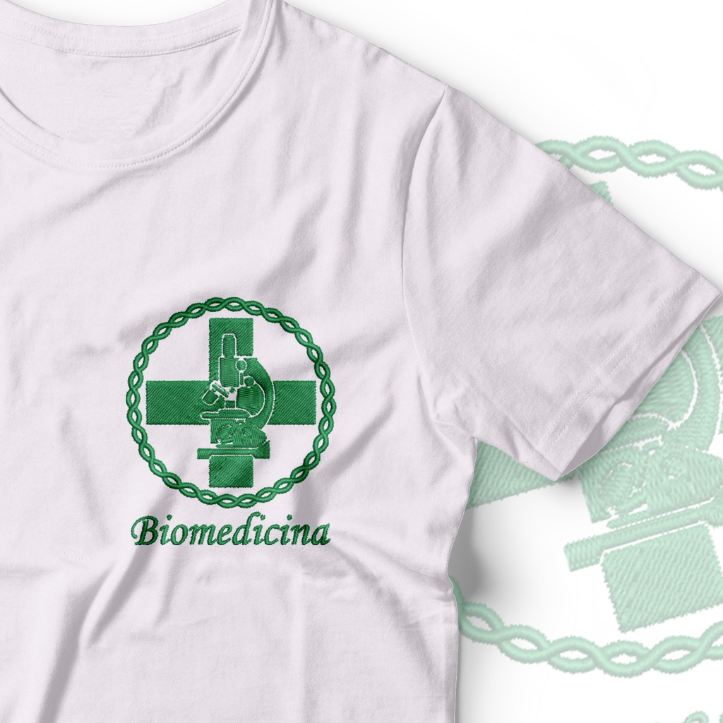 Camisa Biomedicina Bordada Símbolo Biomedico em Malha PV Antipiling Faculdade de Biomedicina Tshirt