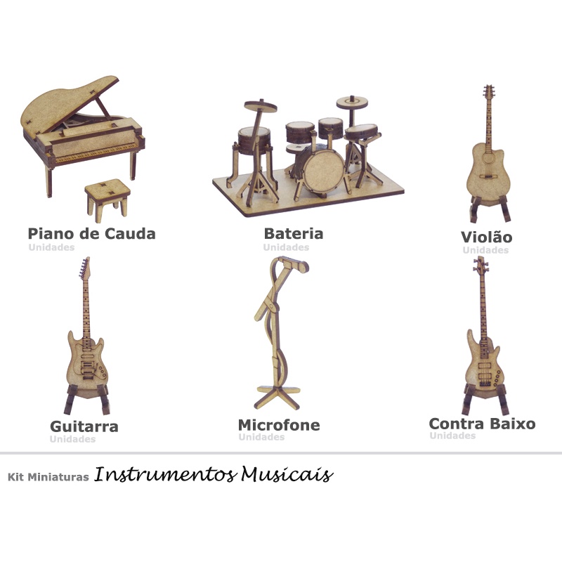 Kit de Móveis Miniatura MDF - Instrumentos Musicais - Móveis para Maquetes, Trabalhos Escolares e Trabalhos Artísticos