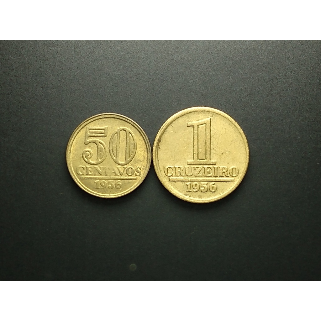 Moedas de 50 centavos e 1 cruzeiros de 1956, módulo menor, Sob, em ótimo estado de conservação, bronze alumínio