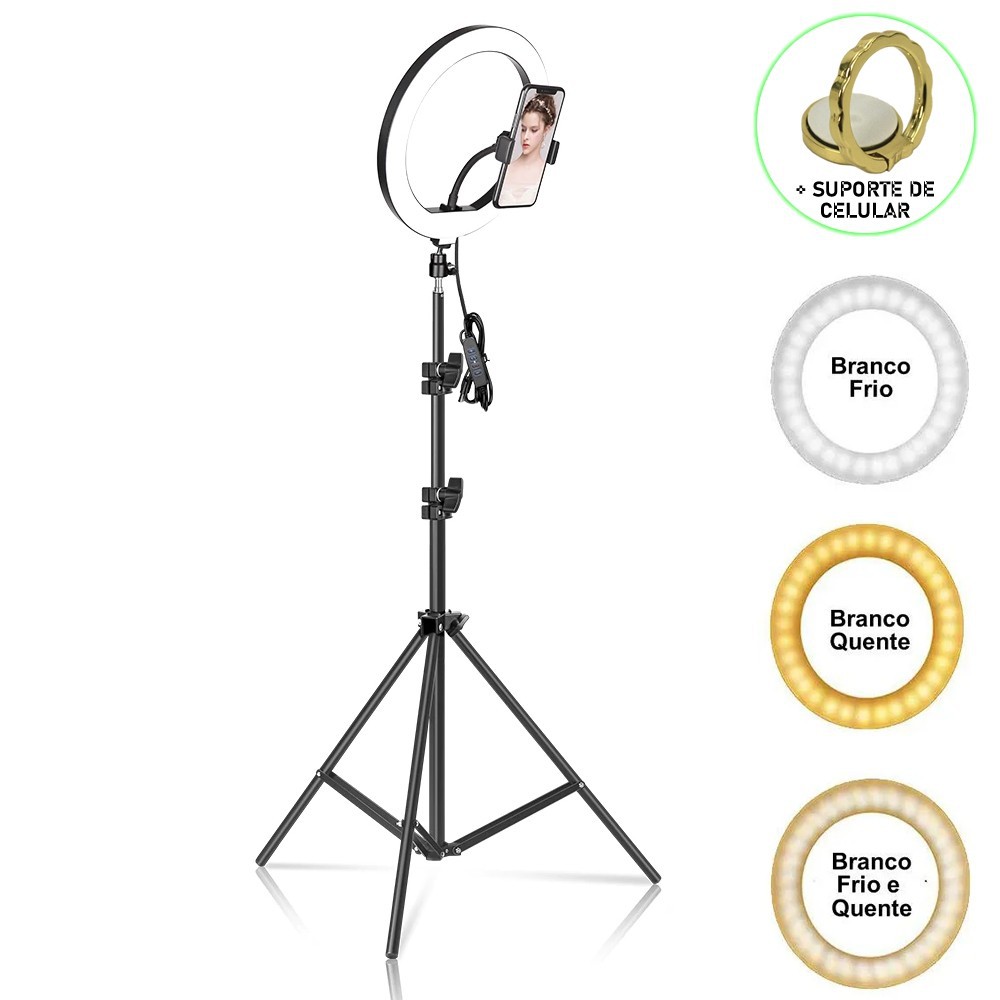 Iluminador Ring Light 26 cm USB com tripé 2,10 metros + Suporte Popsocket CBRN14606
