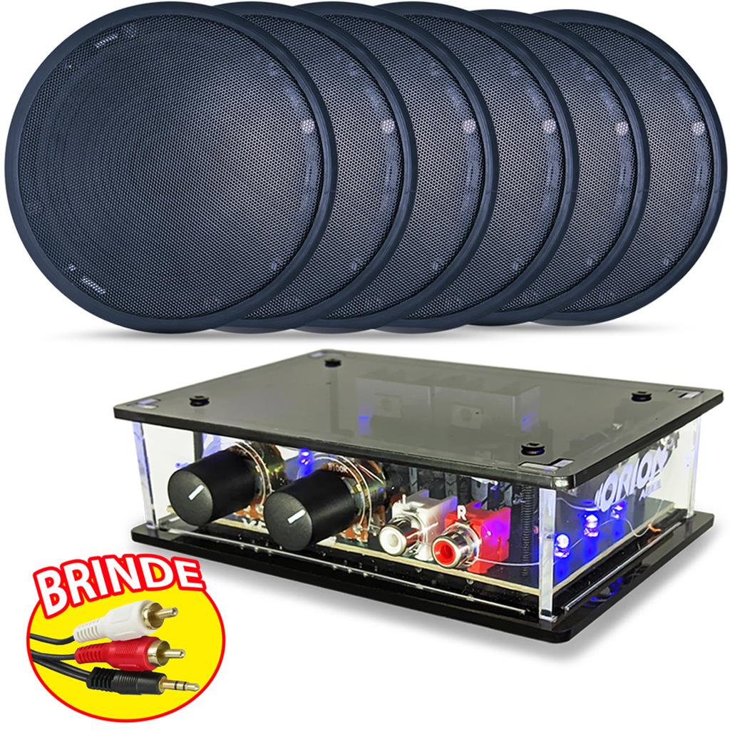 Kit Som Ambiente 6 Arandelas Pretas 6'' C/ Receiver