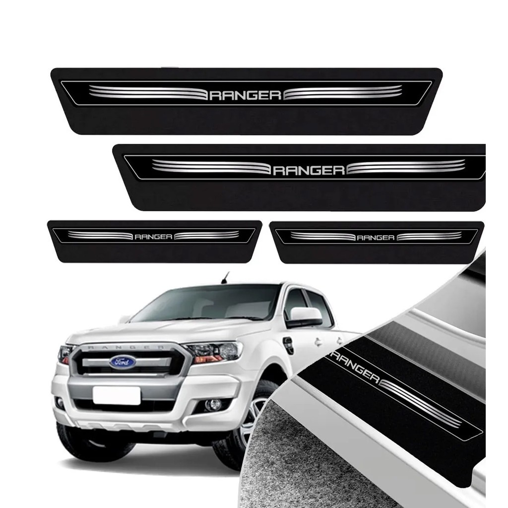 Kit 8 Peças Soleira Adesivo Porta Ford Ranger 2013 2014 2015 2016 2017 2018 2019 2020 - Preto