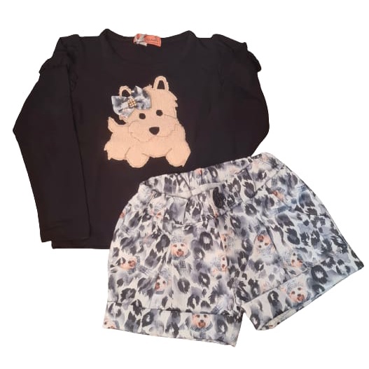 Conjunto Infantil Feminino Cachorrinho - Blusa Manga Longa + Short - Roupa para Menina - Estampa Yorkshire - Conjunto Inverno Menina
