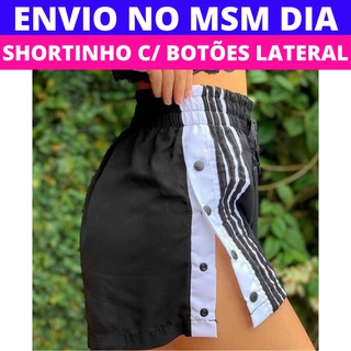 Short Com Botões Lateral Feminino Preto Faixa Listrada Cintura Alta Viscose Moda Blogueira Atual P M G GG Short Feminino
