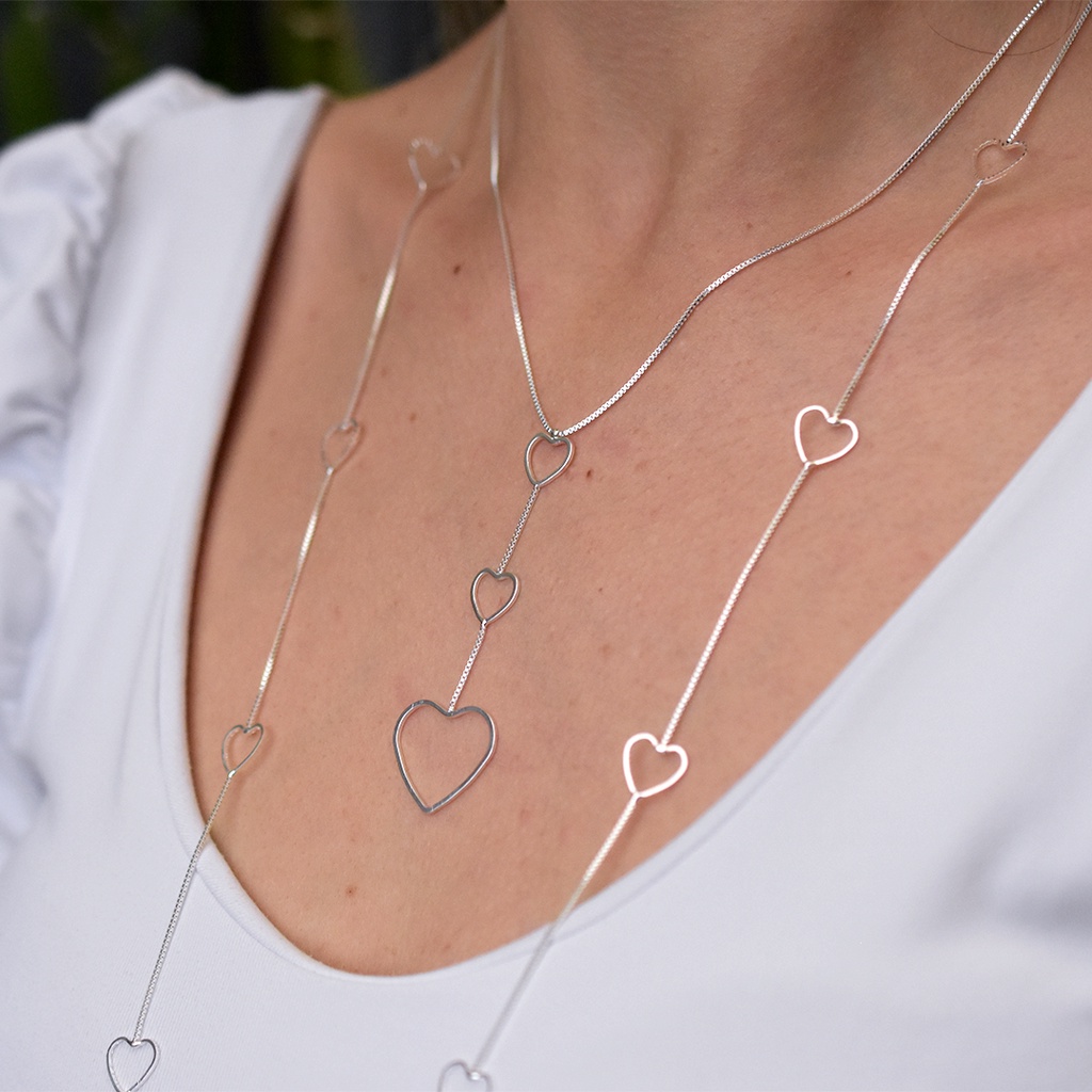Kit Colar Coração Feminina Banhado Prata 925