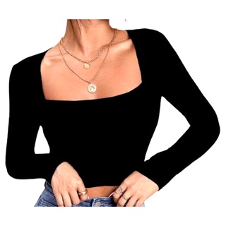 Cropped Feminino Manga Longa Decote Quadrado