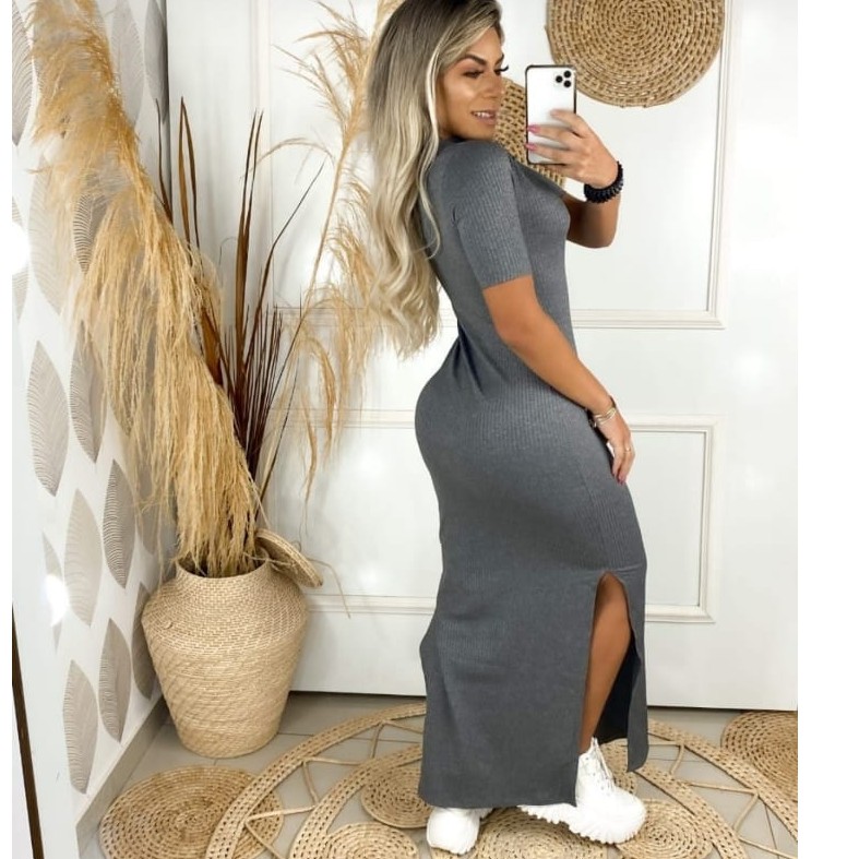 Vestido longo fenda lateral tecido malha canelada com elastano moda confortável