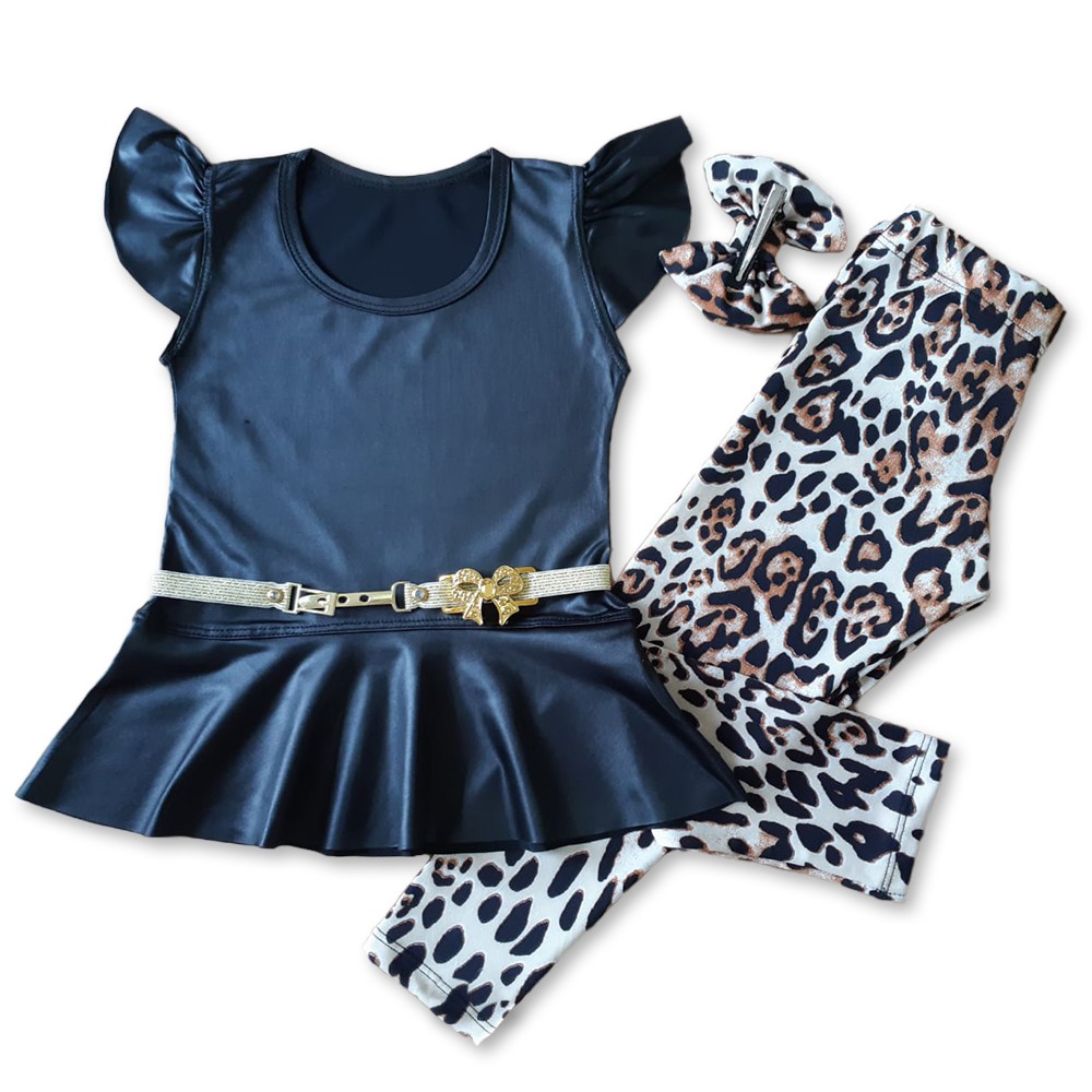 PEPLUM CIRRE PRETO ONÇA LUXO  Conjunto Infantil Menina  Conjunto Infantil Feminino  Conjunto para Menina  Moda Infantil Menina