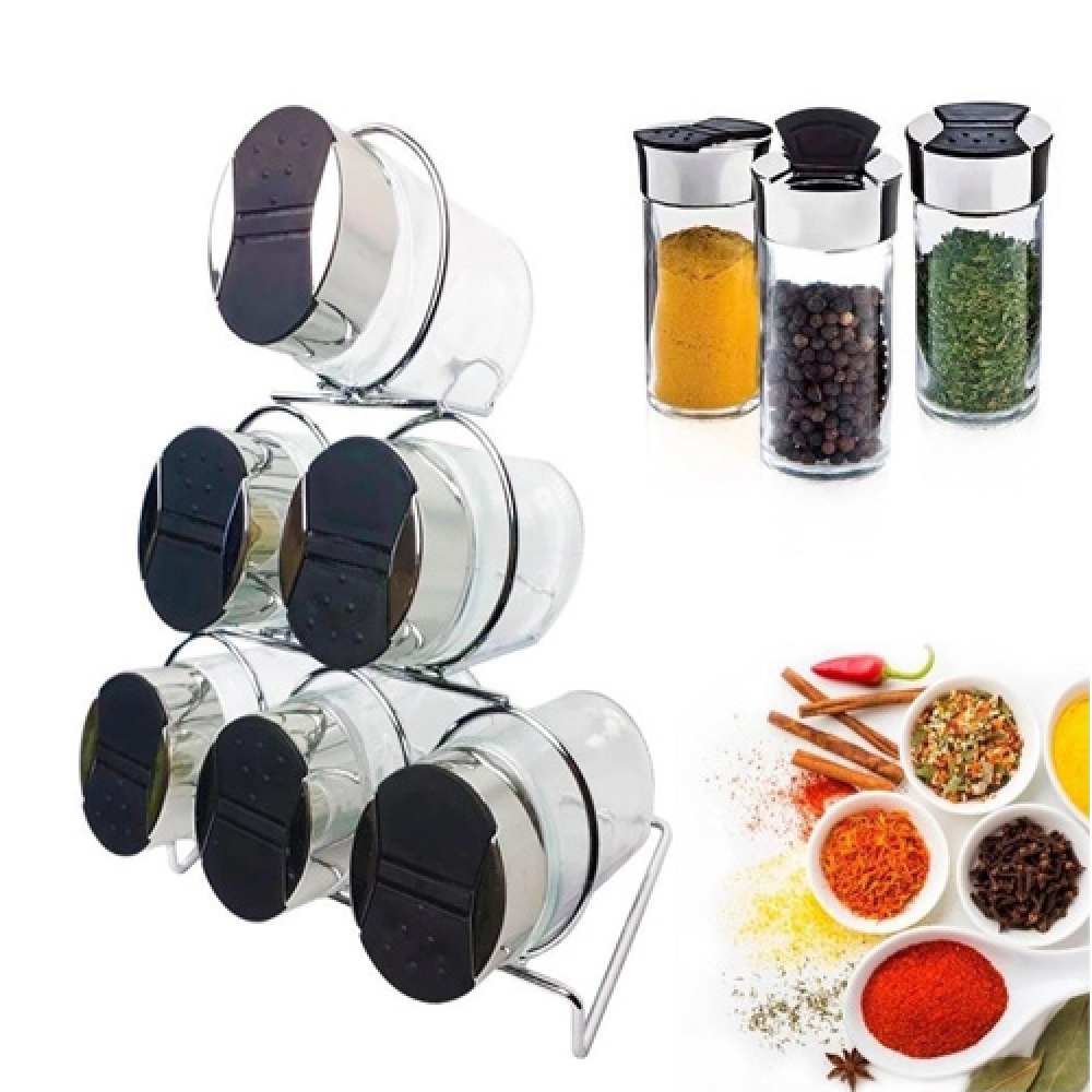 Porta Tempero e Condimentos De Luxo com Suporte em Metal Cromado 06 Potes em Vidro de 120ML e Tampa Dosadora  - Wincy