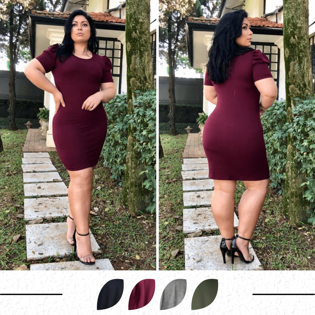 Vestido Curto Canelado Premium Manga Bufante Princesa Plus Size G1 G2 G3 Não Fica Transparente Festa