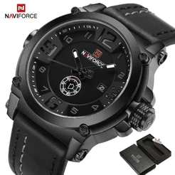 Naviforce 9099 relógio de pulso esportivo masculino, relógio de quartzo com pulseira de couro à prova d'água