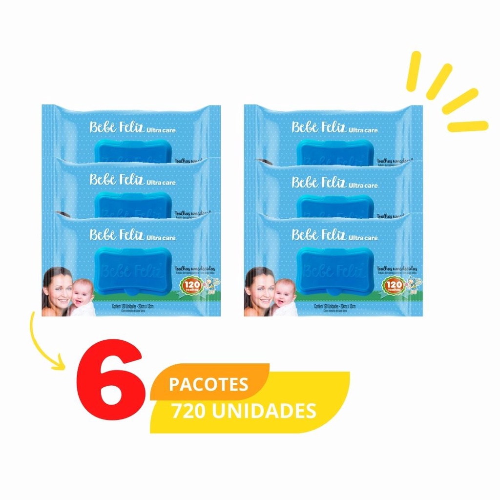 kit c/ 6 Pacotes de Lenços/Toalhas Umedecidos Bebê | Feliz Ultra Care - Com Tampinha 120 Unidades cada
