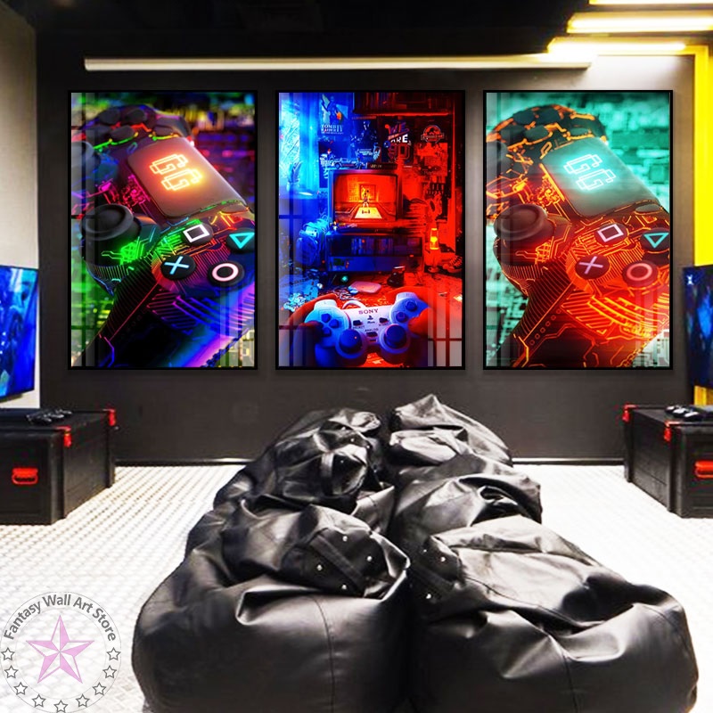 Quadro decorativo 3 peças 40x60 controle neon jogo game gamer playstation crianças meninos decoração para casa sala quarto hall