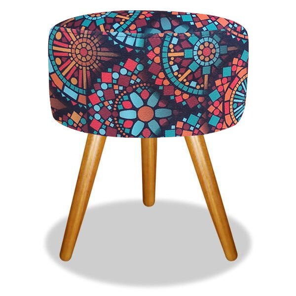 PUFF PUF DECORATIVO SUEDE MANDALA VERMELHO PÉS PALITO CASTANHO PARA SALA DE STAR E RECEPÇÃO
