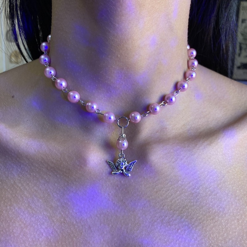 Colar Hello Kitty Pérolas rosa aço inox Pingente de anjo Choker Egirl Aesthetic Gargantilha