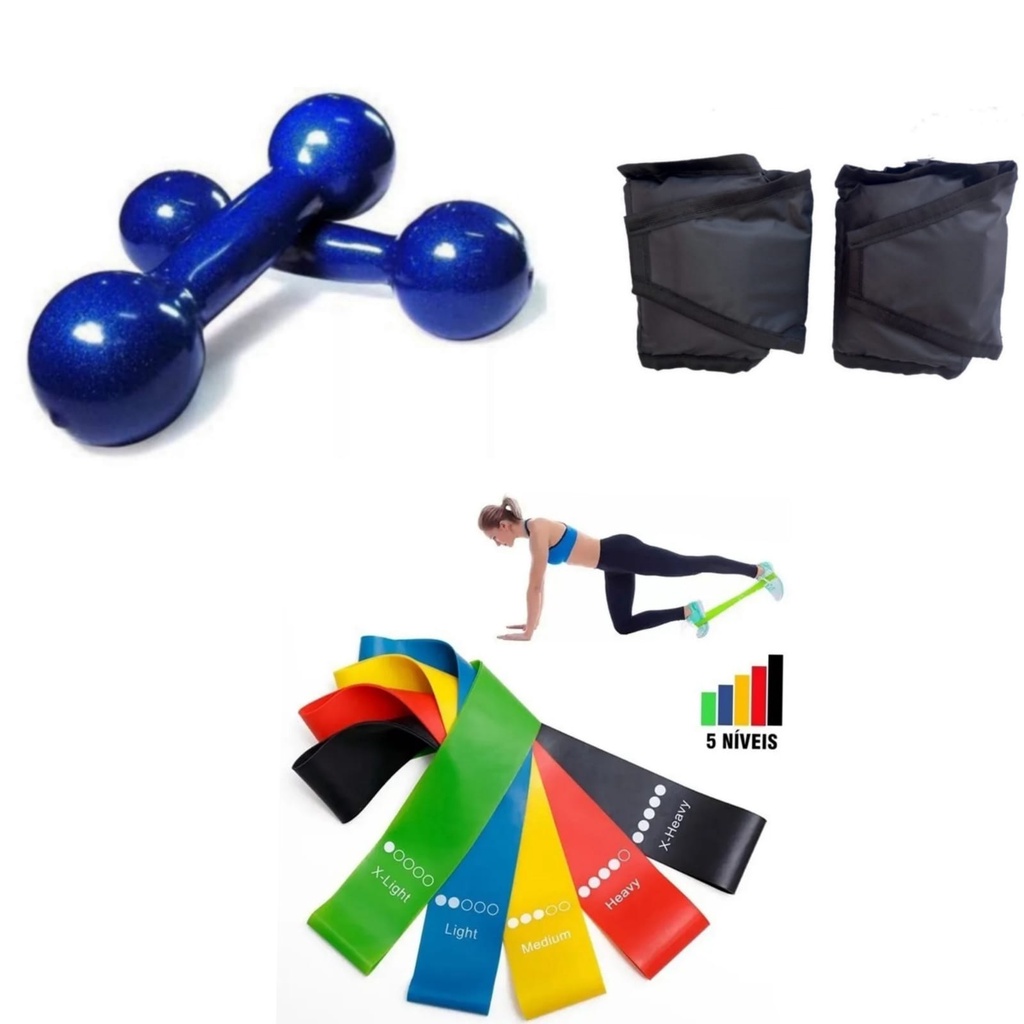 Kit Treine Em Casa Fisioterapia Par Halter 0,50 Kg + Par Caneleira 0,50 Kg + Kit 5 Theraband