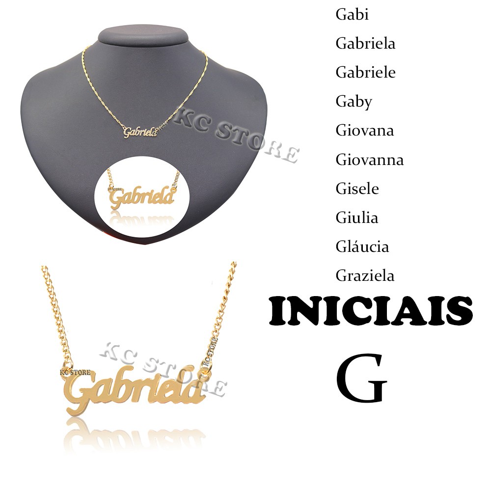 Colar corrente de Nome Personalizado nome inicial G Gabi Gabriela Gabriele Gaby Giovana Giovanna Gisele Giulia Gláucia Graziela feminino adulto infantil menina mulher folheado