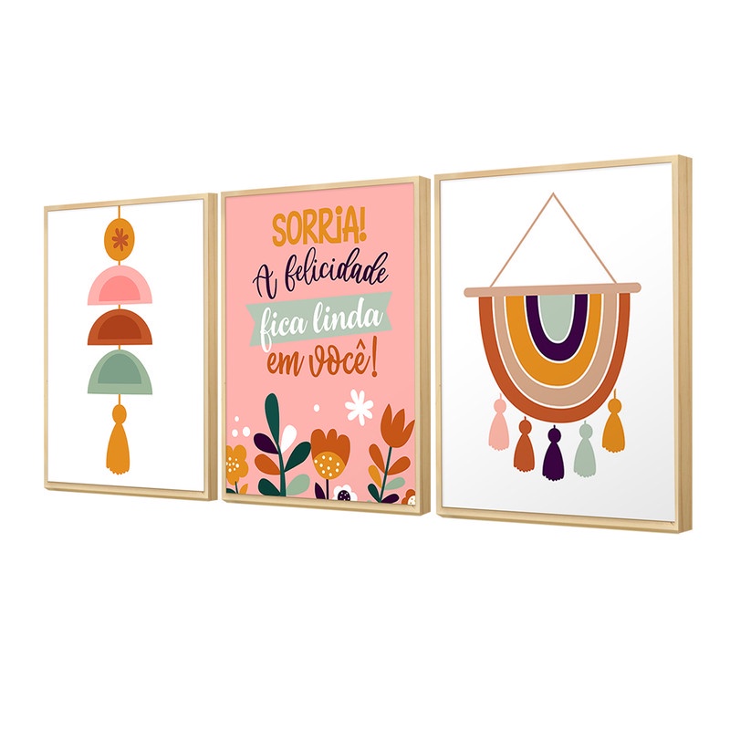 Kit 3 Quadros para Decoração de Quarto Infantil 30x40cm Frases Coloridas em Moldura Caixa - Hugart