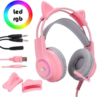 Fone De Ouvido Headset Gamer Gatinho Kp-ga04 Com Fio e Microfone RGB USB P2
