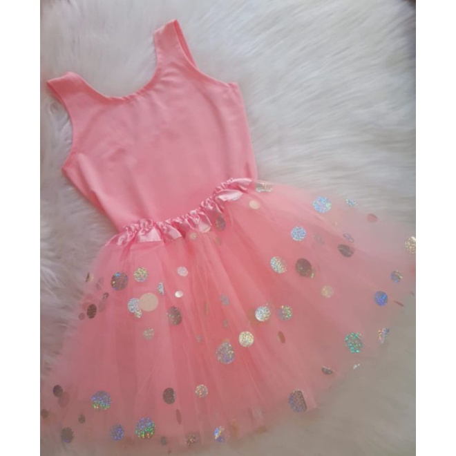 kit festa infantil bailarina saia rosa de tutu tule com  bolinhas e body  bore rosa liso em suplex.