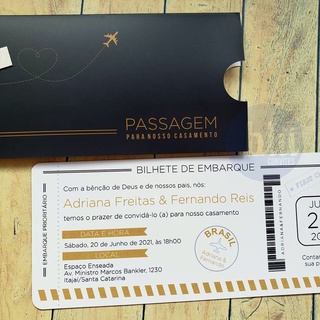 Convites de Casamento Passagem Aérea Passaporte | Preto e Dourado