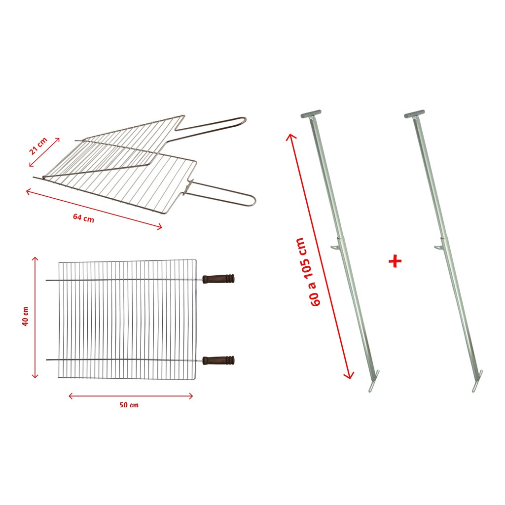 Kit Churrasqueira Grelha Pequena + Grelha Dupla Reta Média + Suporte Extensor Ajustável 5001/5102R/5501