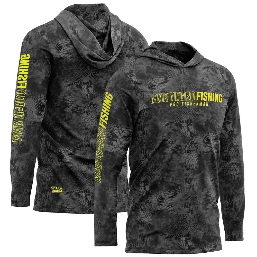 Camiseta de pesca Mar Negro Sublimada capuz Dark - Camisa de pesca tamanhos especiais