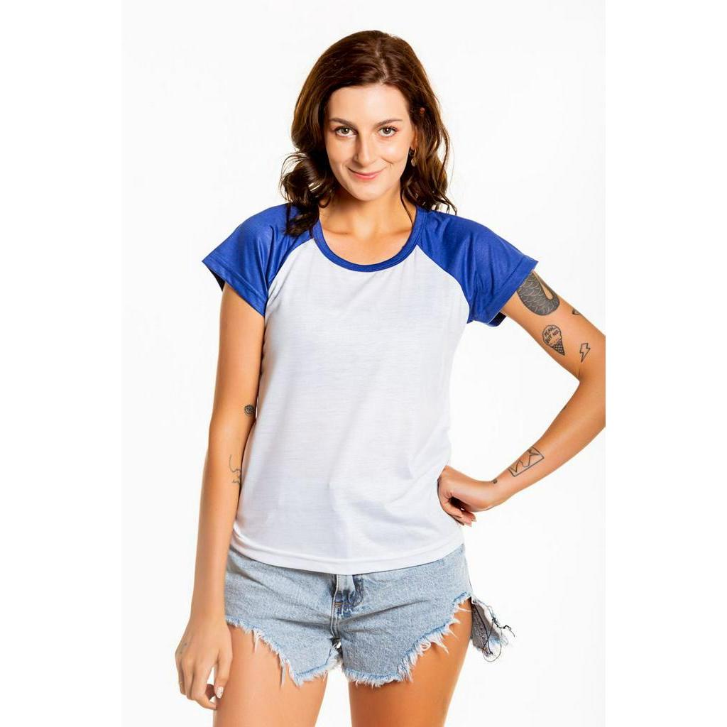 Baby Look Raglan Branca com manga Azul Royal 100% Poliéster