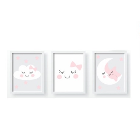 Quadro Decorativo Infantil Menina Nuvens de 3 Peças Rosa e Cinza para quarto de menina, decoração de criança em Oferta na Shopee