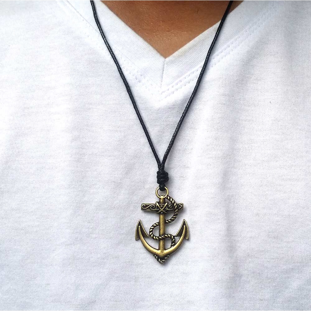 colar cordão preto masculino feminino em ancora Ãncora medio grande timão ajustável em Oferta na Shopee