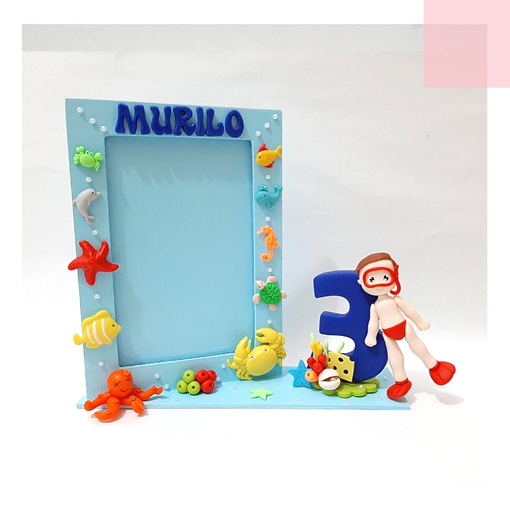 Porta retrato 10x15 com base longa fundo do mar mergulhador mdf e biscuit