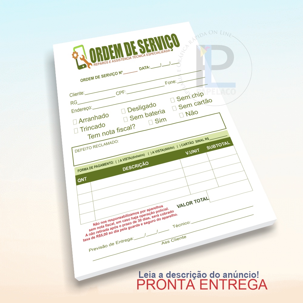 Ordem de Serviço Celular - Bloco 50 folhas - assistencia técnica