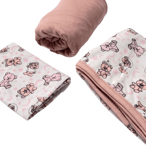 Jogo de Berço 3 Peças Ursinho Rose Malha 100% algodão