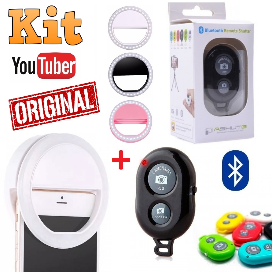 Kit Foto Luz Led Flash Ring Light Clip Anel Recarregável + Controle Disparador Bluetooth Celular Iphone Android Selfie