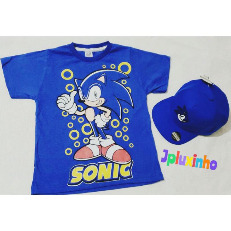 bone aba reta e camiseta conjunto SONIC infantil criança menino personagens manga curta desenho video game blusa