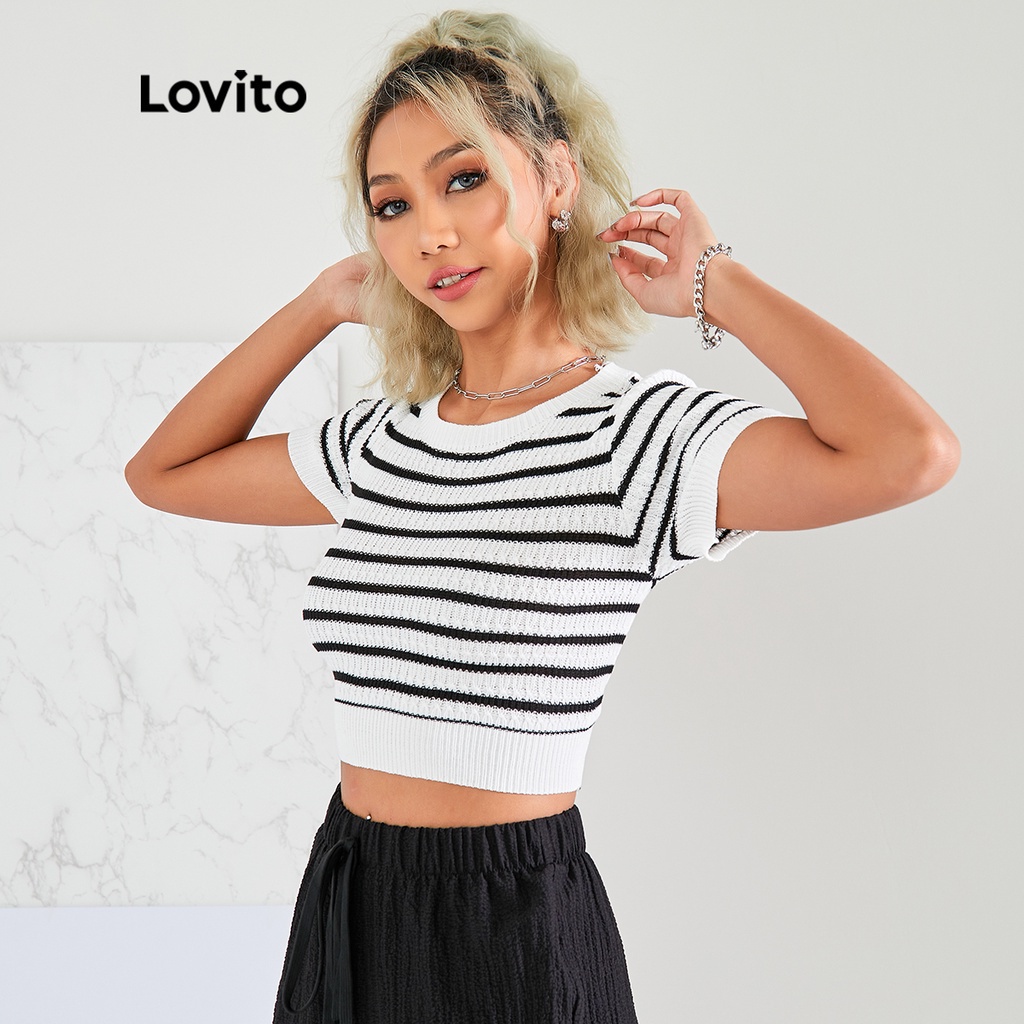 Lovito Top De Malha Preppy Listrado Com Manga Curta L Ad Preto E Branco Desconto No Pre O