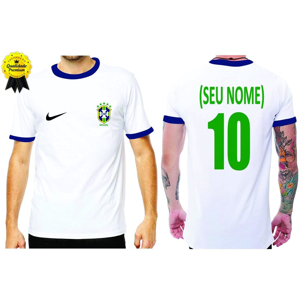 Camiseta de Futebol Seleção Brasileira 2022 Personalizada com seu Nome Camisa Time de Futebol Ponta Manga Azul | Brasil