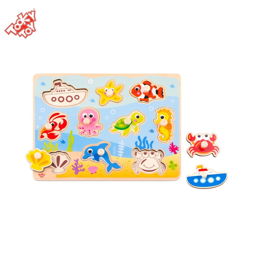 Jogo Encaixe Quebra Cabeça Mar Pinos Madeira Brinquedo Didático Educativo Bebê Tooky Toy 2 Anos+