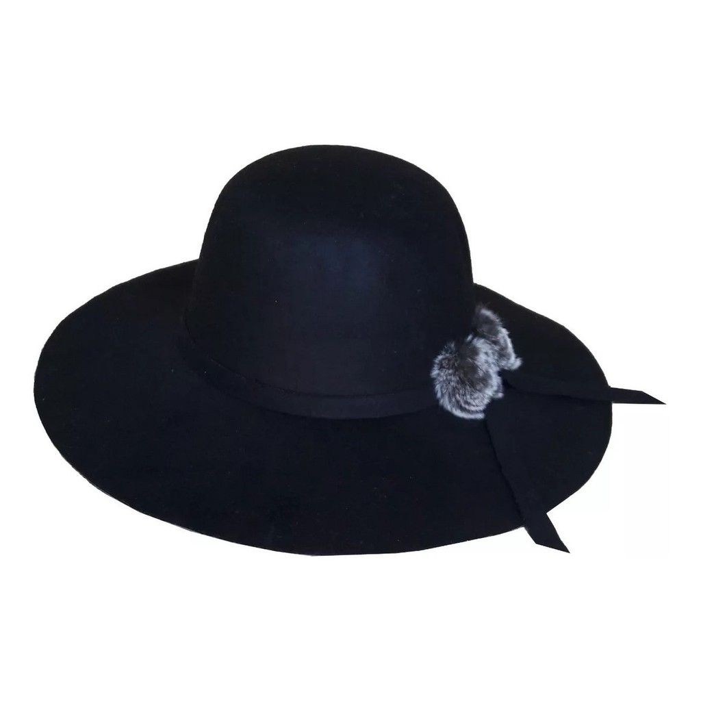 Chapéu Feminino Feltro Floppy Inverno Pompom Aba Grande 10cm