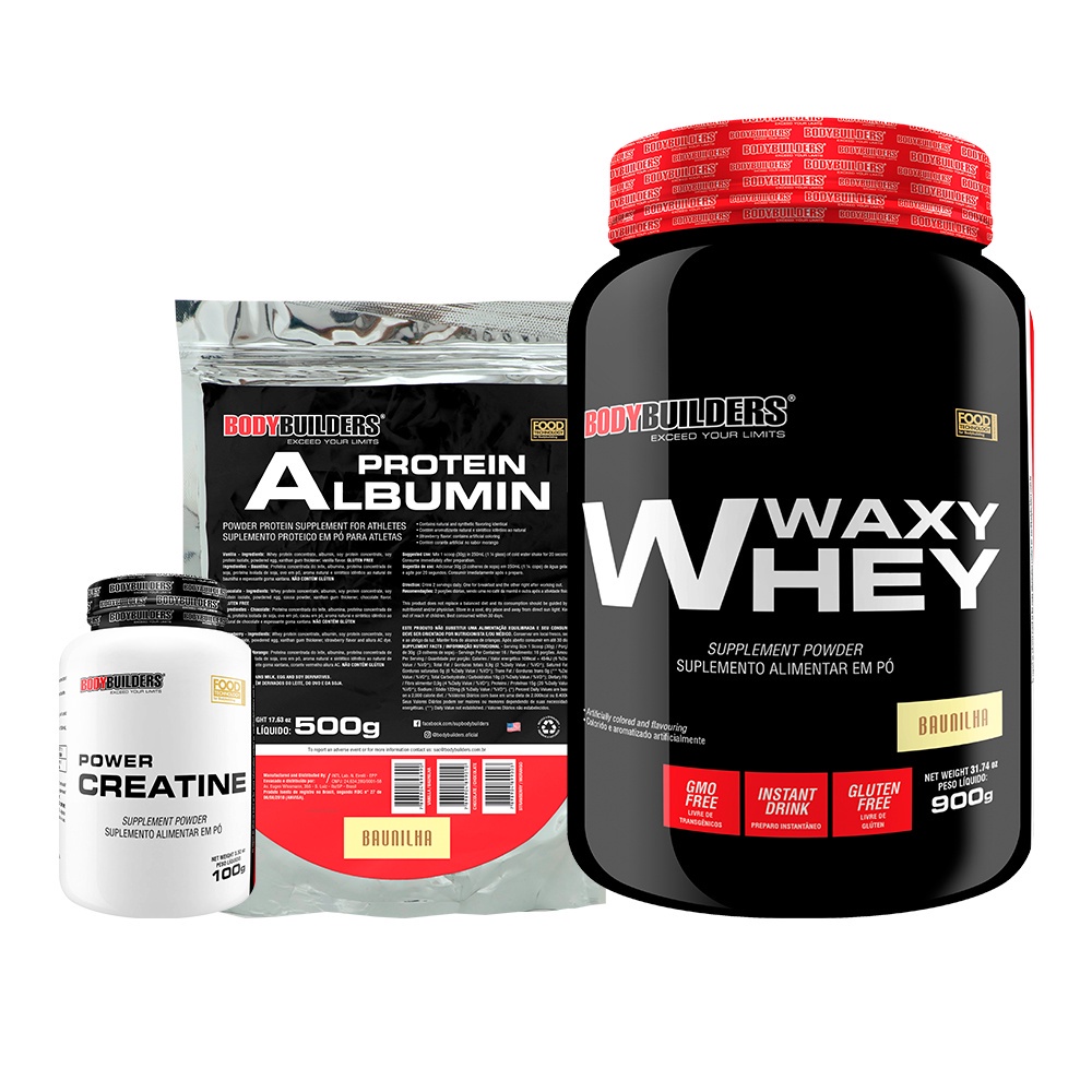 Kit Whey Protein Waxy Whey 900g + Power Creatina 100g + Albumina Albumin Protein 500g - Bodybuilders