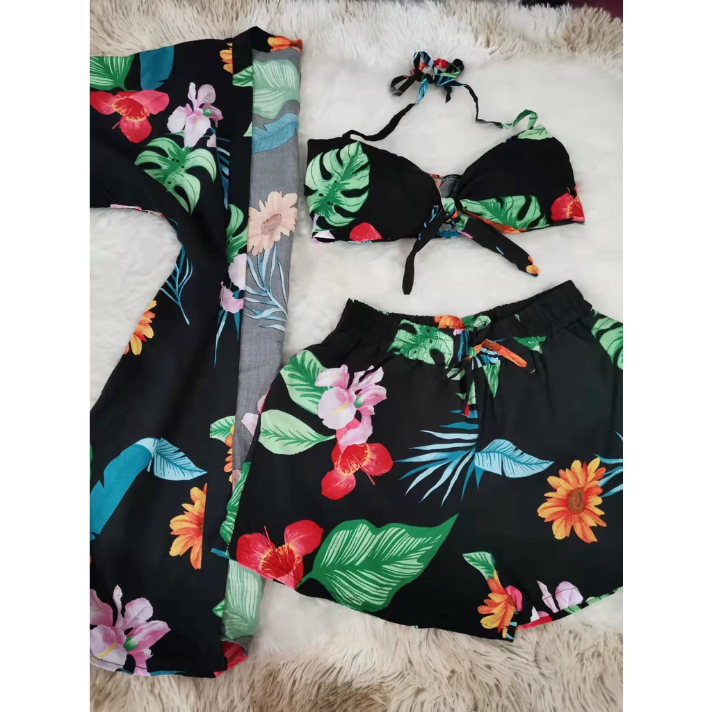 Conjunto Feminino (kimono+short+cropped) Estampas Florais