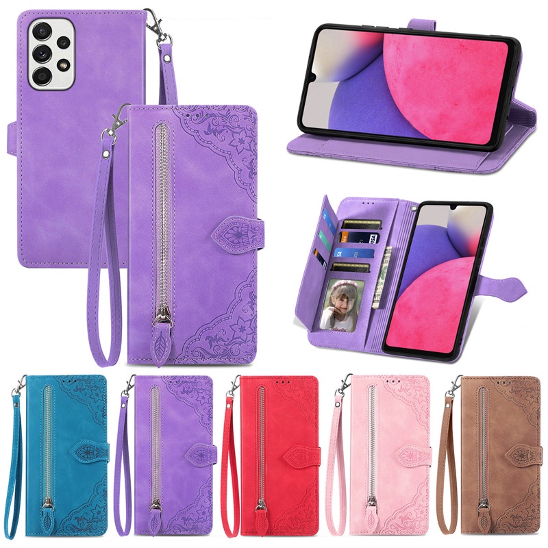 Capa Flip Para Samsung Galaxy A16 A06 A26 A56 A55 A36 A22 A70 A70s A20 A30 Flor Em Relevo Feminina Com Zíper Compa