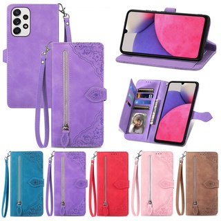 Estojo Para Celular Samsung Galaxy A22 A70 A70s A20 A30 A11 A31 A21 A10 A01 A20E 4G 5G Com Gofragem De Flores Mulheres Carteira Zíper Porta-Cartões Ranhuras Soft Slim À Prova De Estilhaços